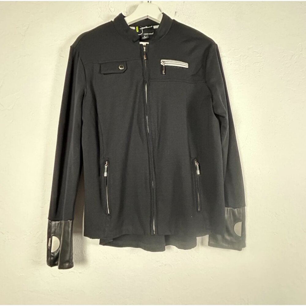 Jamie Sadock Womens Black Zip Up Jacket Medium Faux Leather Accents Zip Pockets